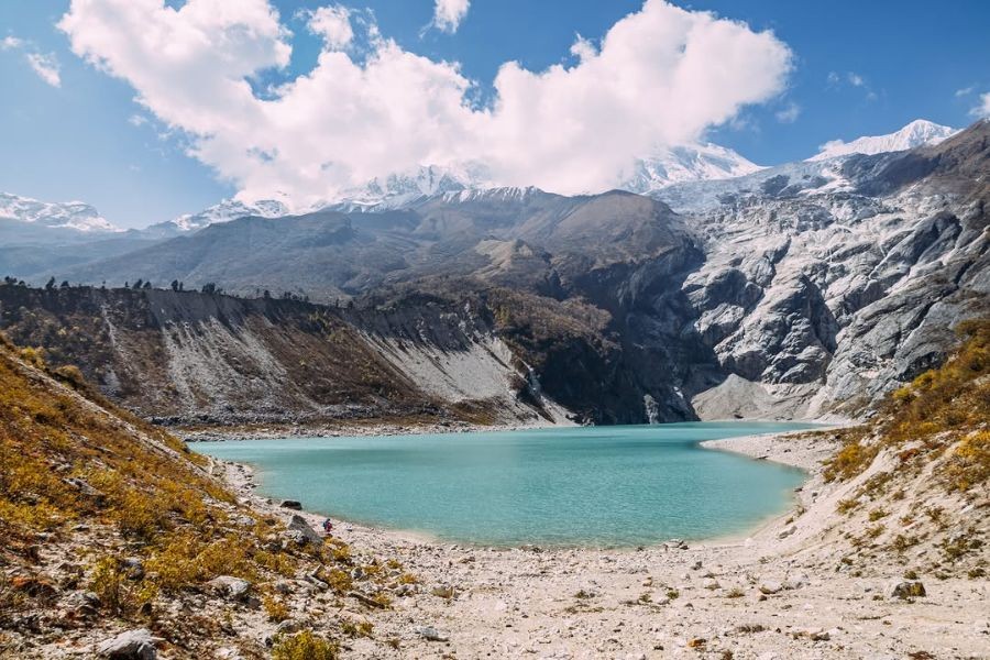 Glacial lake in Manaslu region during spring